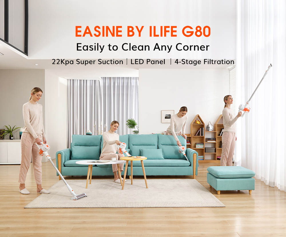EASINE by ILIFE G80 Cordless Stick Vacuum Cleaner, Handheld Wireless Vacuum, 22Kpa Suction, LED Display, 45mins Runtime