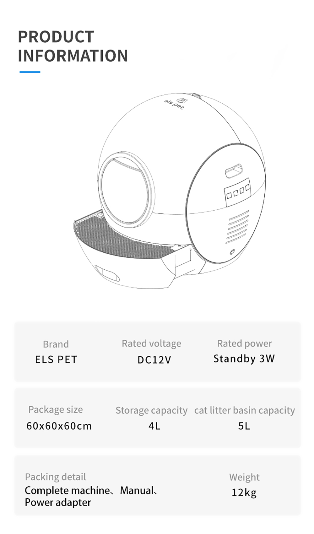 ELS PET Self Cleaning Cat Litter Tray, Large Capacity Smart Cat Litter Box with Automatic Rake, APP Control Cat Toilet