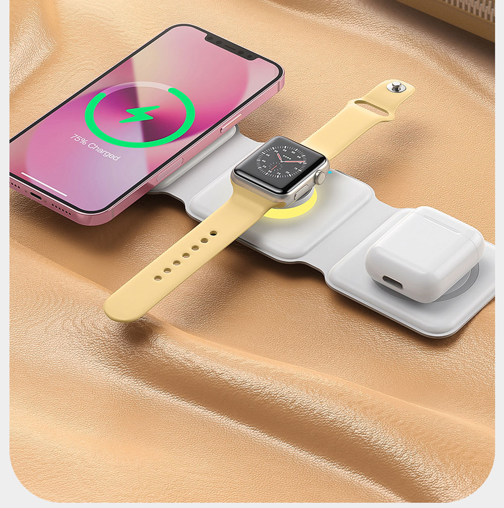 Essager 15W 3-in-1 Silicone Foldable Magnetic Wireless Charger, Step-less Dimming Night Light, Portable Phone Holder