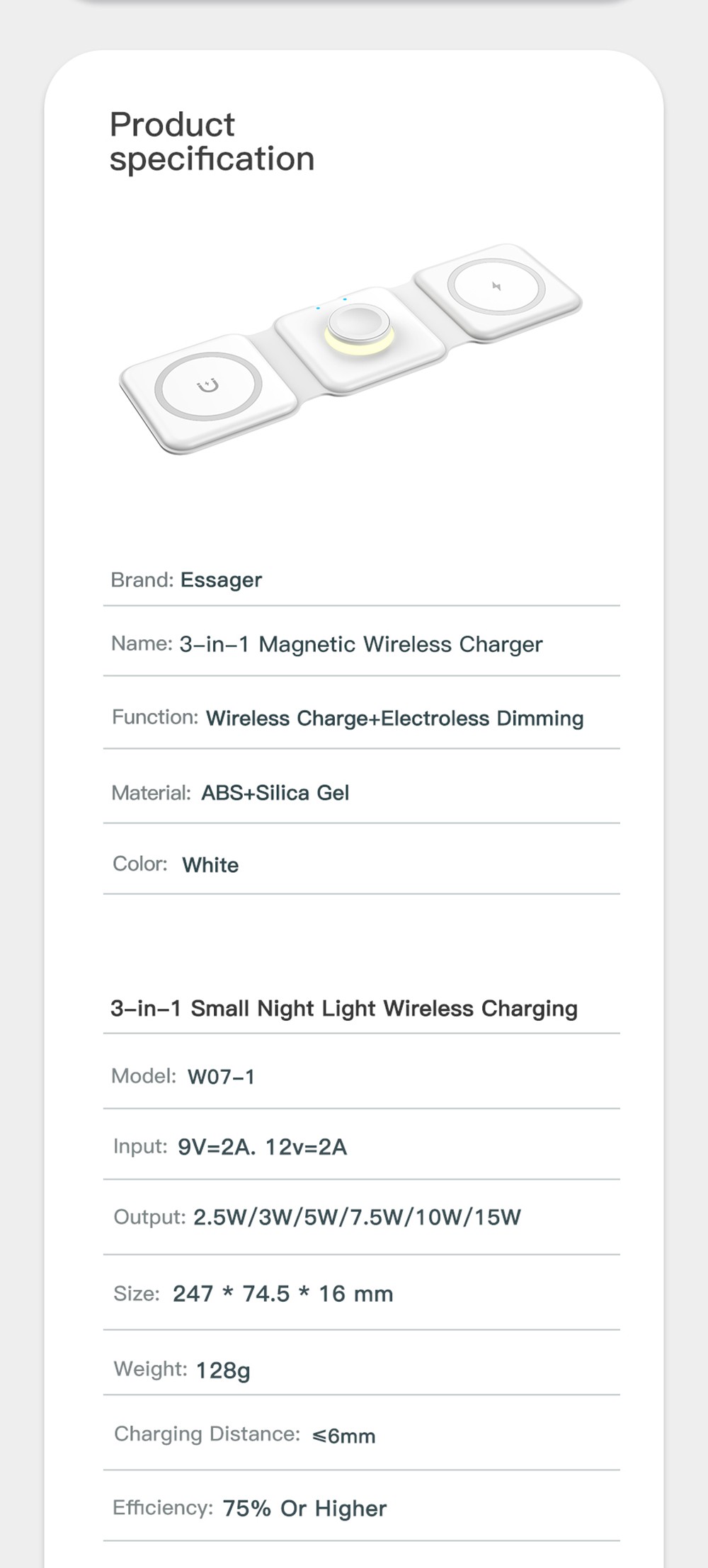 Essager 15W 3-in-1 Silicone Foldable Magnetic Wireless Charger, Step-less Dimming Night Light, Portable Phone Holder