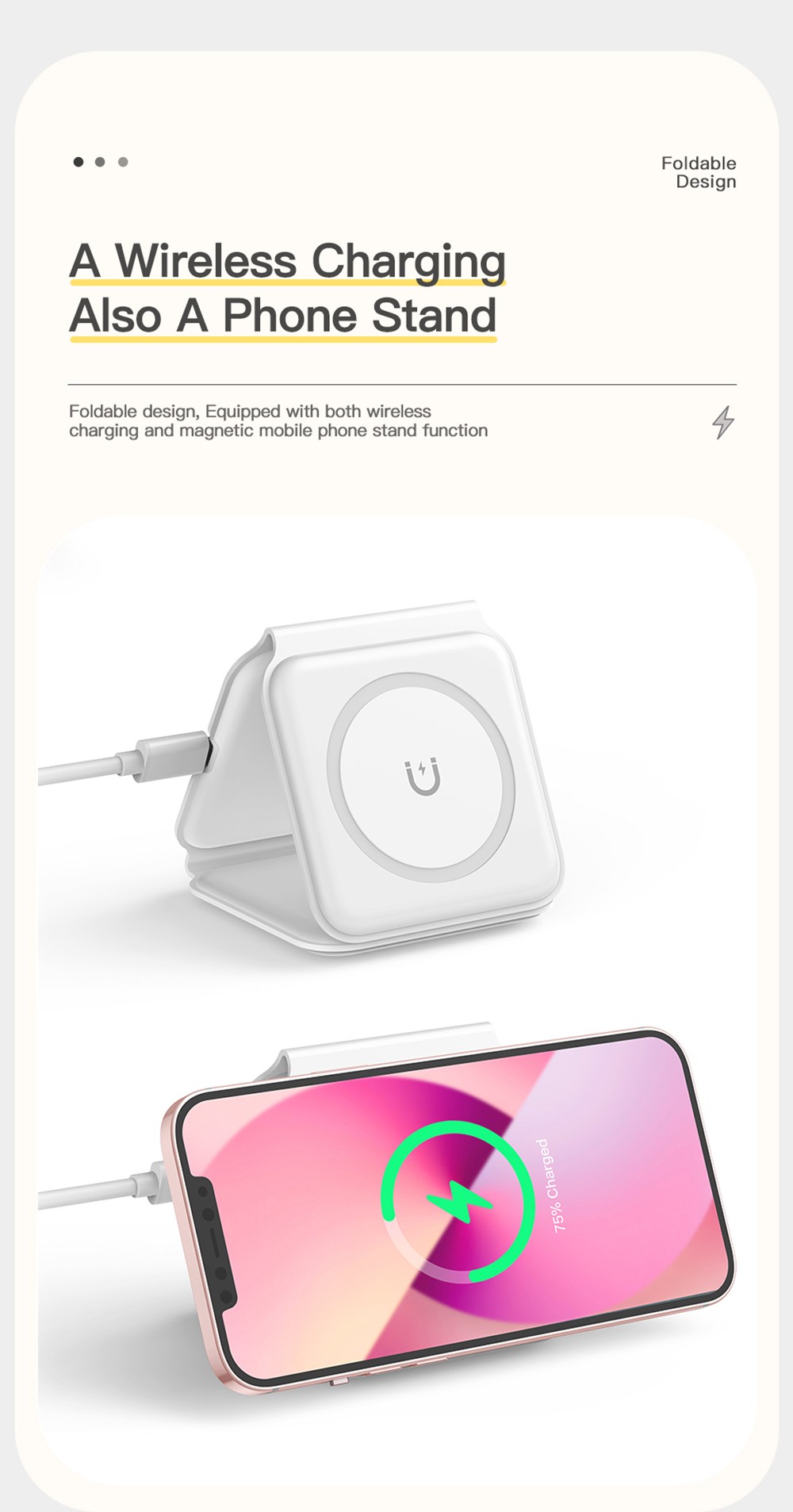 Essager 15W 3-in-1 Silicone Foldable Magnetic Wireless Charger, Step-less Dimming Night Light, Portable Phone Holder