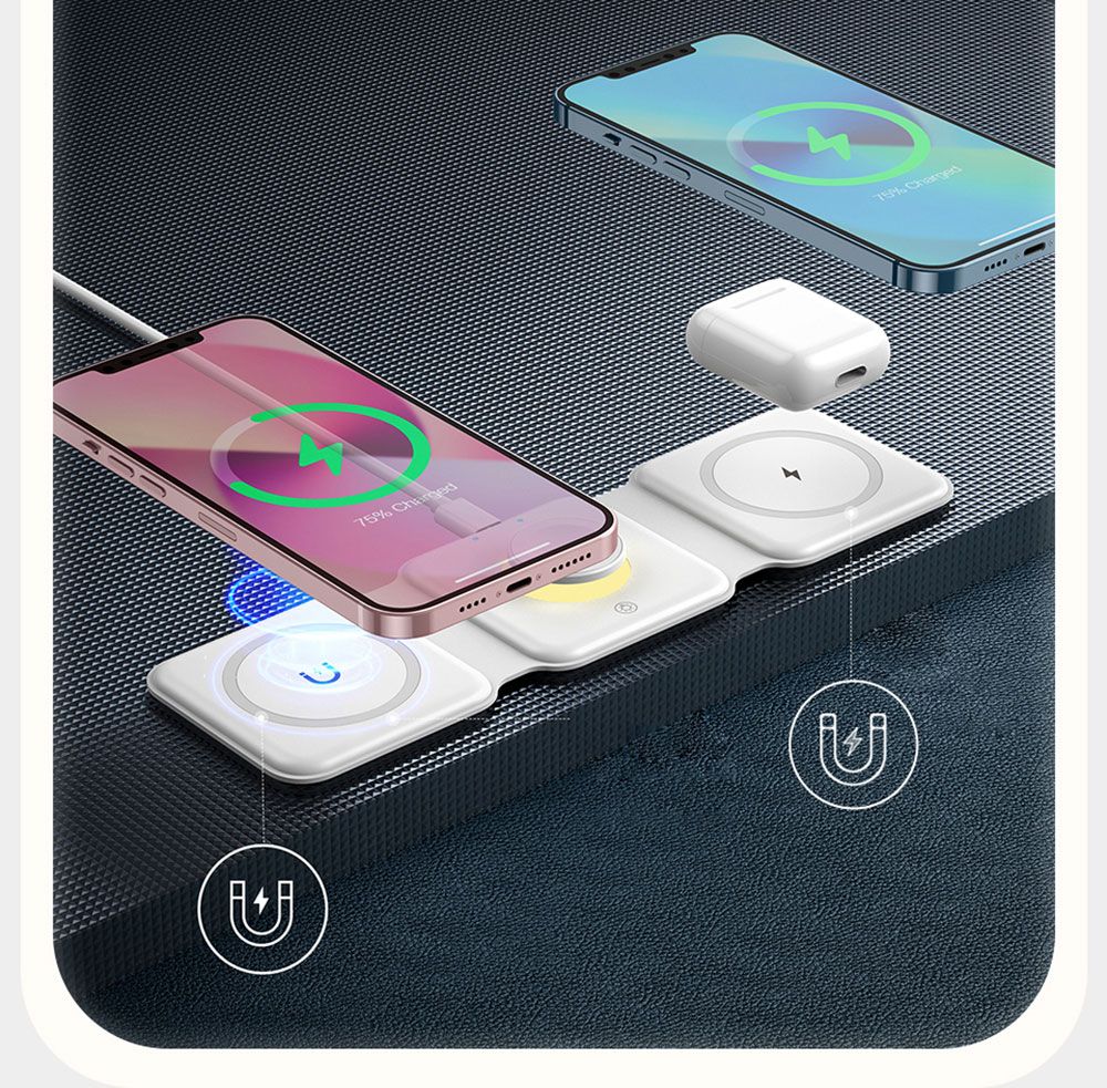 Essager 15W 3-in-1 Silicone Foldable Magnetic Wireless Charger, Step-less Dimming Night Light, Portable Phone Holder