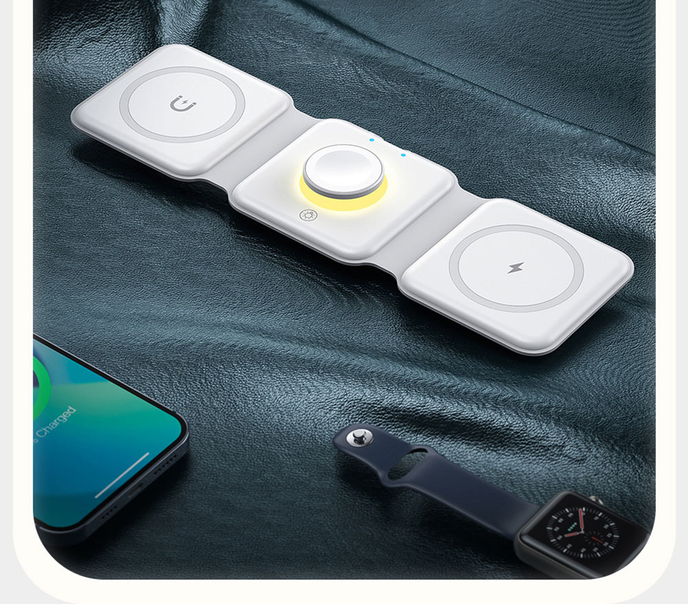 Essager 15W 3-in-1 Silicone Foldable Magnetic Wireless Charger, Step-less Dimming Night Light, Portable Phone Holder