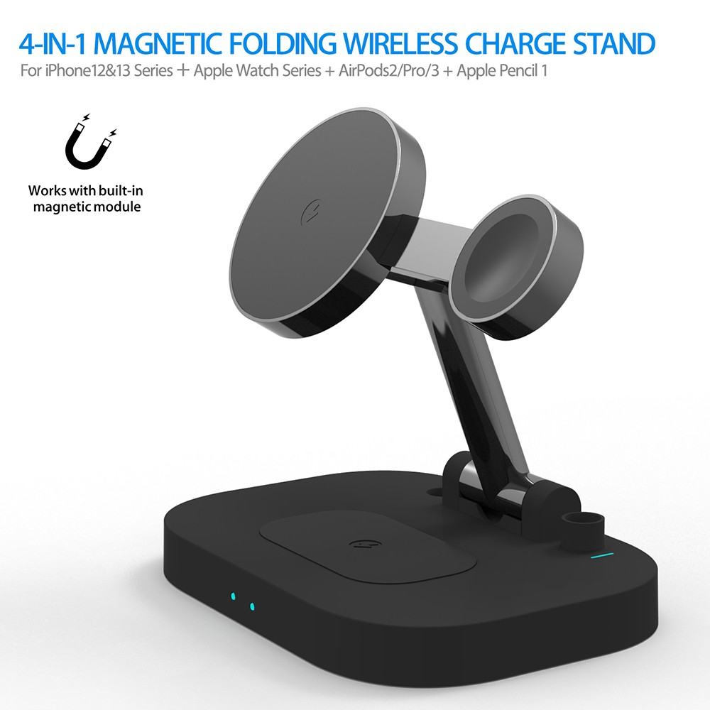 F22 Mobile Phone 4-in-1 Magnetic Charging Station, Folding Wireless Charger for Apple Pencil iPhone12/13 Series - Black