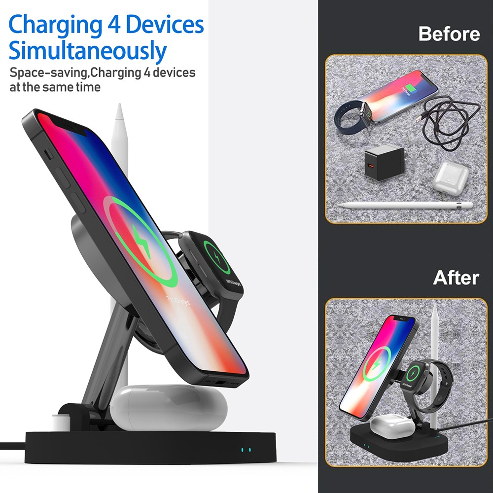 F22 Mobile Phone 4-in-1 Magnetic Charging Station, Folding Wireless Charger for Apple Pencil iPhone12/13 Series - Black