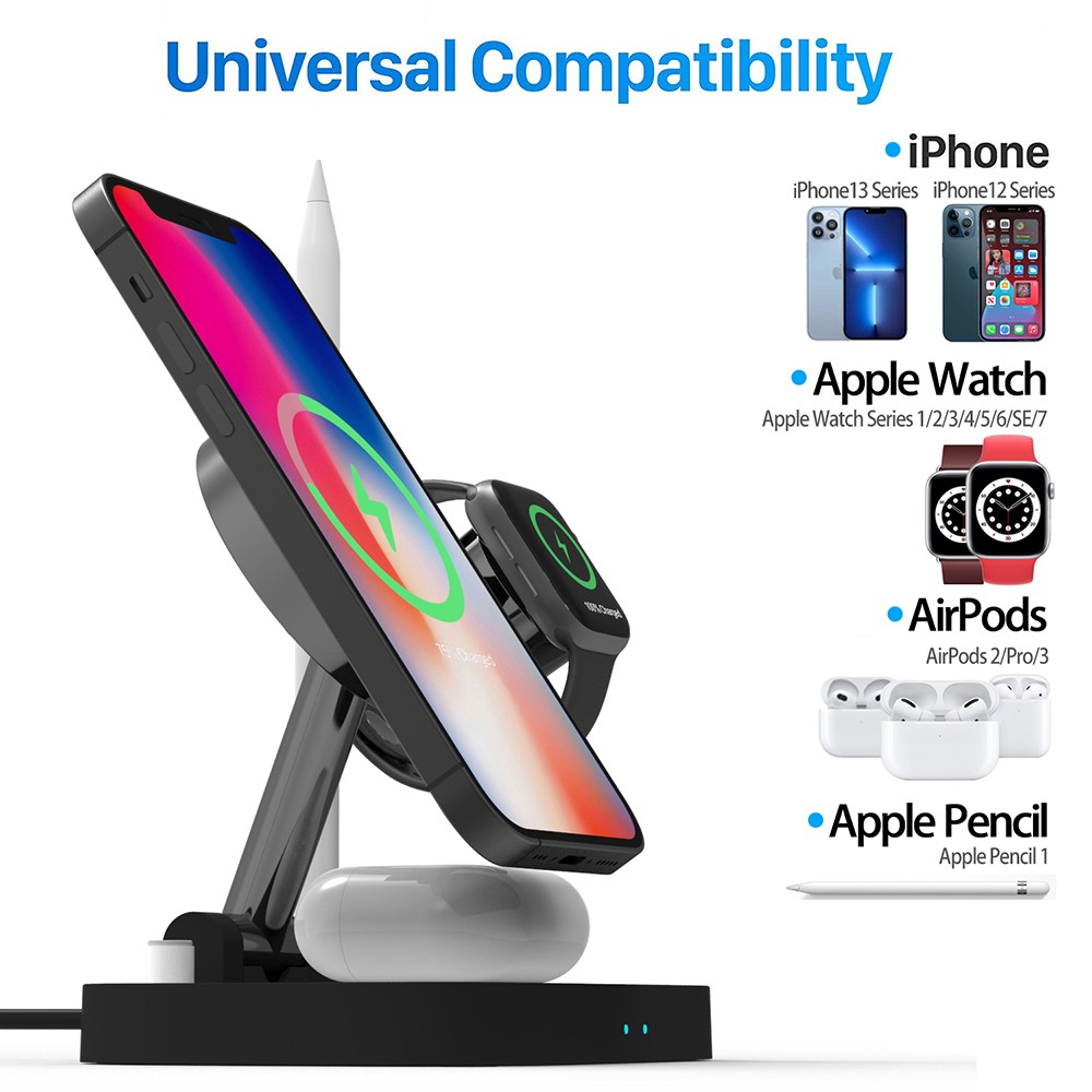 F22 Mobile Phone 4-in-1 Magnetic Charging Station, Folding Wireless Charger for Apple Pencil iPhone12/13 Series - Black