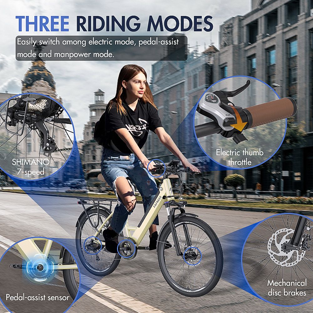 FAFREES F26 Pro 26'' Step-through City E-Bike 25 Km/h 250W Motor 36V 10Ah Zabudovaná odnímateľná batéria, Shimano 7 Speed - Golden
