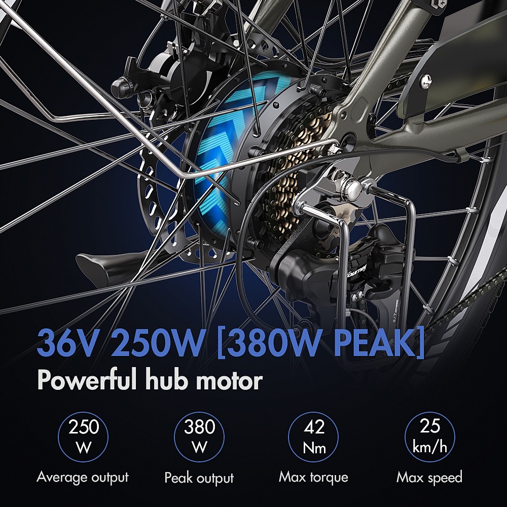 FAFREES F26 Pro 26'' Step-through City E-Bike 25 Km/h 250W motor 36V 10Ah vstavaná odnímateľná batéria, Shimano 7 rýchlostí - zelený