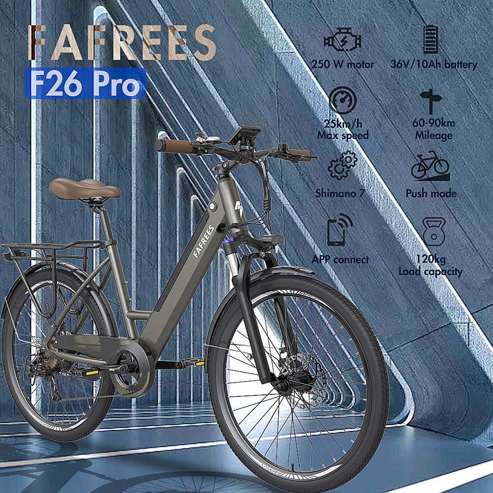 FAFREES F26 Pro 26'' krokový mestský elektrobicykel 25 Km/h 250W motor 36V 10Ah vstavaná odnímateľná batéria, Shimano 7 rýchlostí - sivý