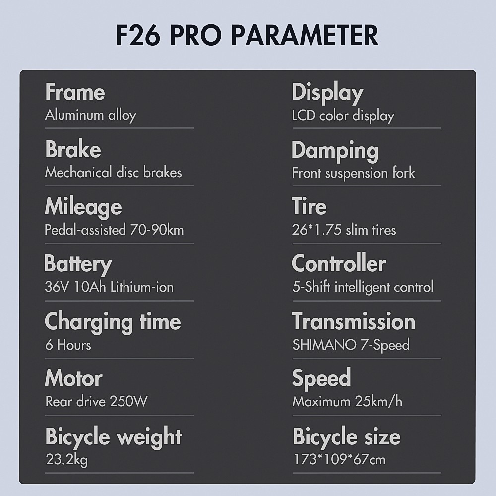 FAFREES F26 Pro 26'' Step-through City E-Bike 25 Km/h 250W Motor 36V 10Ah Zabudovaná odnímateľná batéria, Shimano 7 Speed - Grey