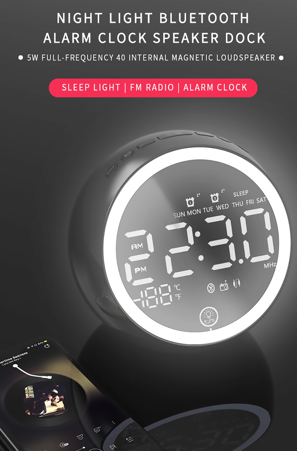 GREEN TIME X10 Bluetooth 5.0 Alarm Clock Speaker Bedside Night Light, LED Display Computer Audio, FM Radio - Black