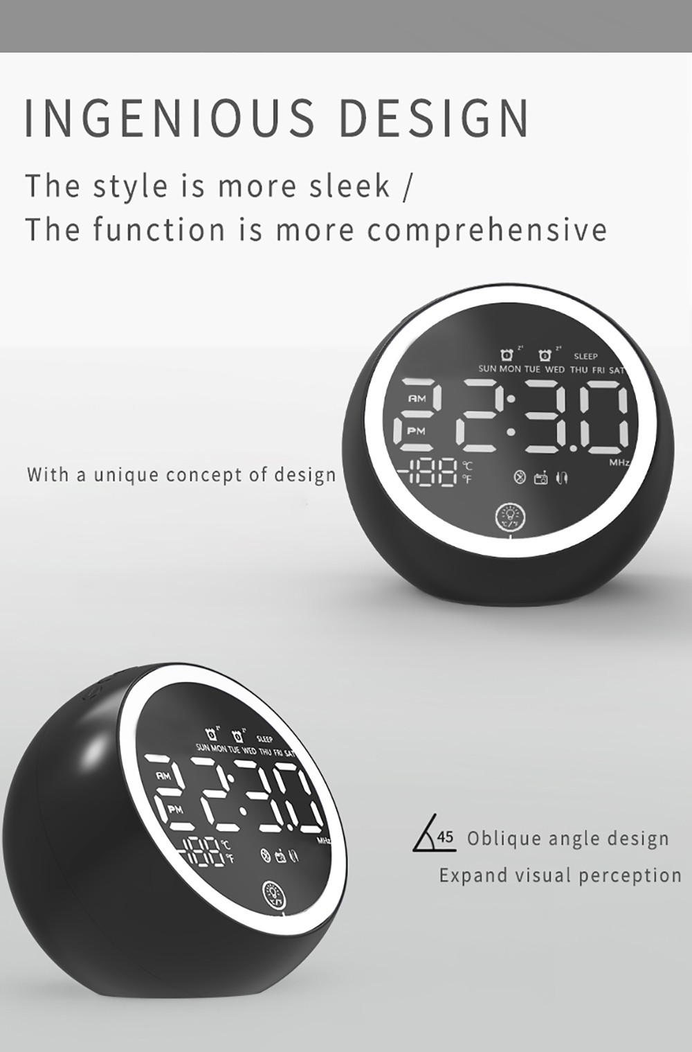 GREEN TIME X10 Bluetooth 5.0 Alarm Clock Speaker Bedside Night Light, LED Display Computer Audio, FM Radio - Black