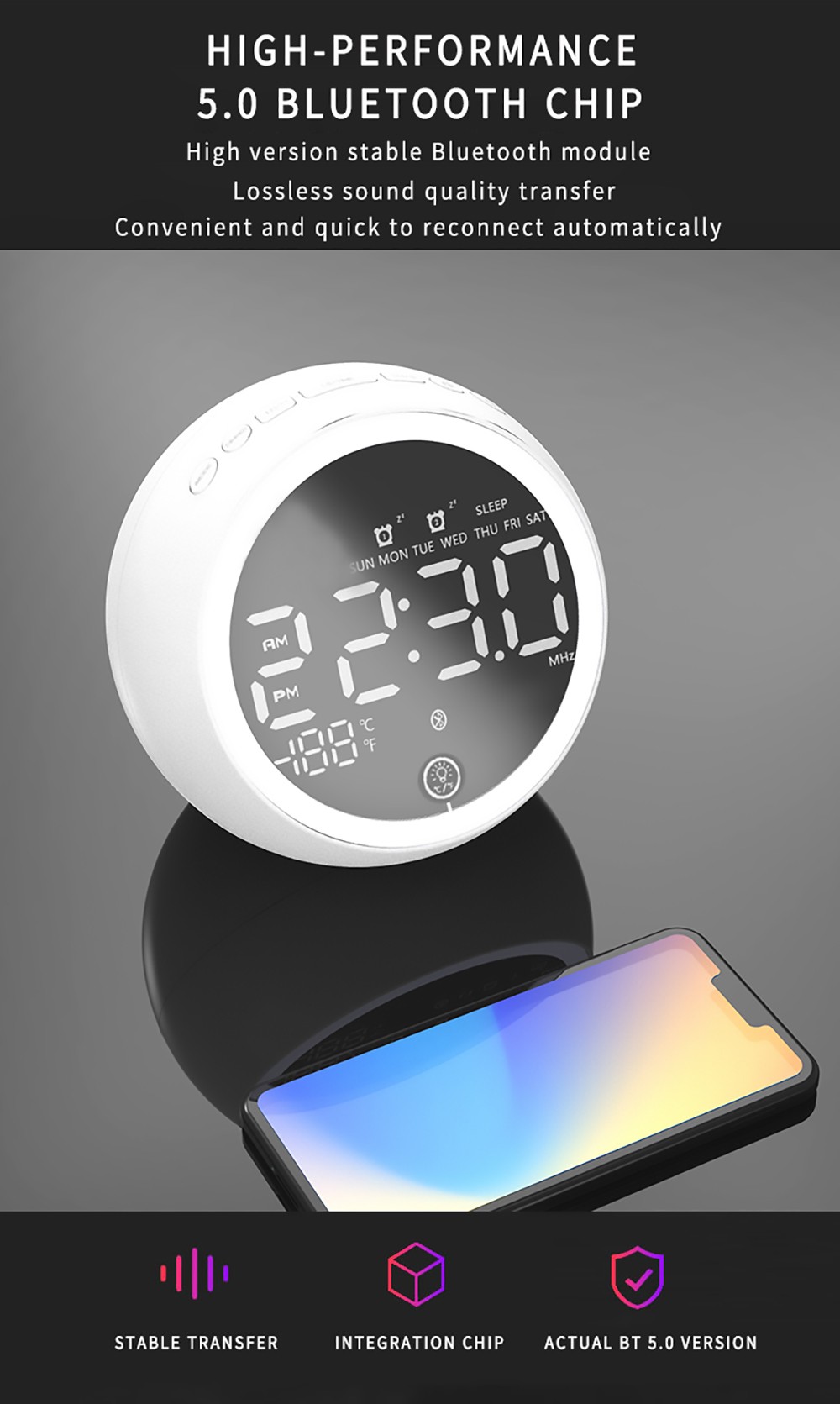 GREEN TIME X10 Bluetooth 5.0 Alarm Clock Speaker Bedside Night Light, LED Display Computer Audio, FM Radio - Black