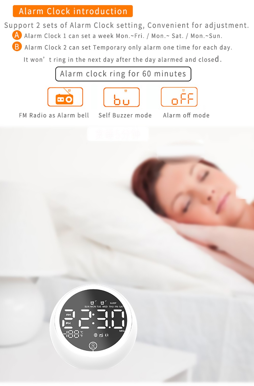 GREEN TIME X10 Bluetooth 5.0 Alarm Clock Speaker Bedside Night Light, LED Display Computer Audio, FM Radio - Black