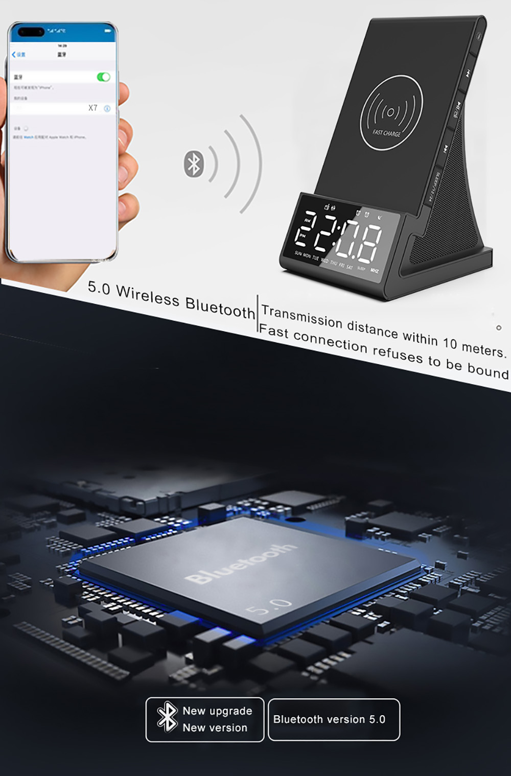 GREEN TIME X7 Wireless Fast Charger Alarm Clock Radio, LED Smart Digital Desktop, Subwoofer Bluetooth Speaker - EU Plug
