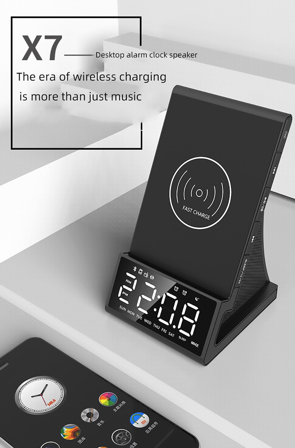 GREEN TIME X7 Wireless Fast Charger Alarm Clock Radio, LED Smart Digital Desktop, Subwoofer Bluetooth Speaker - EU Plug