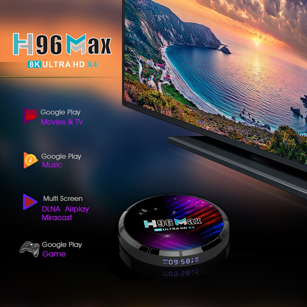 H96 Max X4 TV Box Amlogic S905X4 64-bit Quad Core ARM® Cortex™ A55, 4GB RAM 32GB ROM 2.4G+5G WiFi 4K AV1 - EU Plug