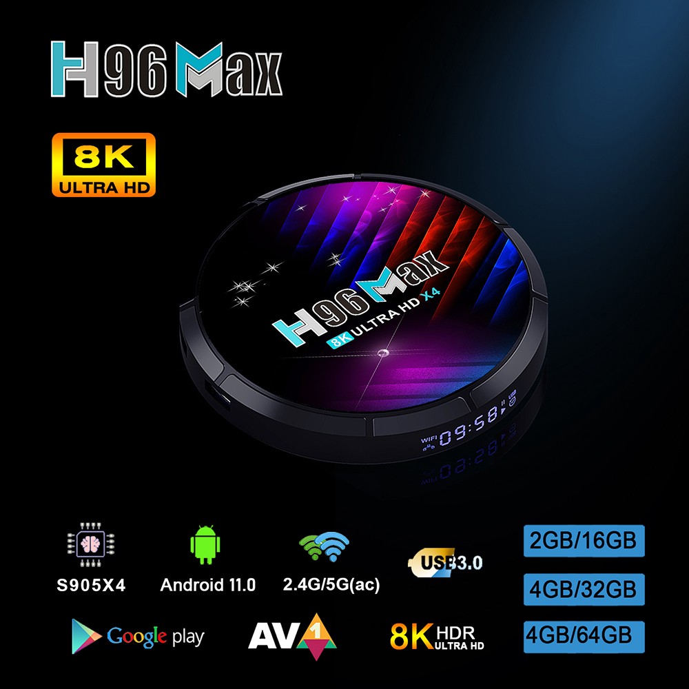 H96 Max TV X4 Box Amlogic S905X4 64-bit Quad Core ARM® Cortex™ A55, 4GB RAM 64GB ROM 2.4G+5G WiFi 4K AV1 - EU Plug