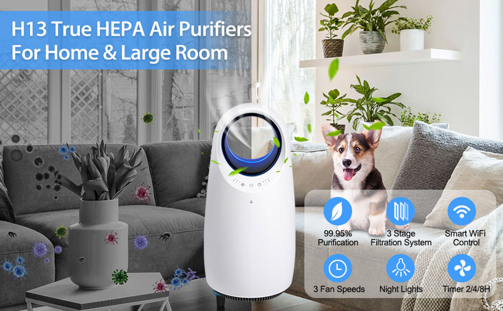 HALO H13 True HEPA Filter Air Purifier, 360 Degree Operation Air Cleaner with 3 Stage Filtration System, 3 Fan Speeds