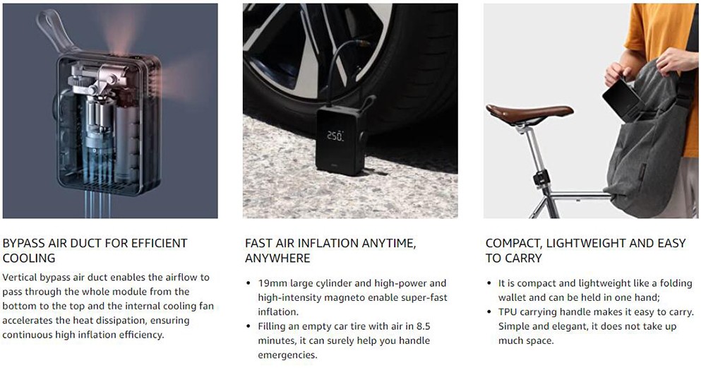HOTO Tire Inflator Portable Air Compressor, 150PSI Tire Inflator, Digital Display, 2500mAh Battery, LED Light - Black