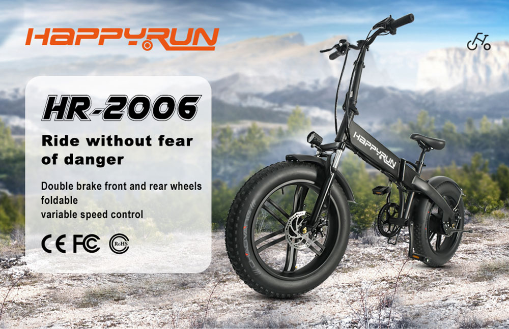 Happyrun HR-2006 El-hopfällbar cykel 350W Motor 36V 10Ah Batteri 20''x4 Snödäck 50km Räckvidd 25km/h Maxhastighet Svart