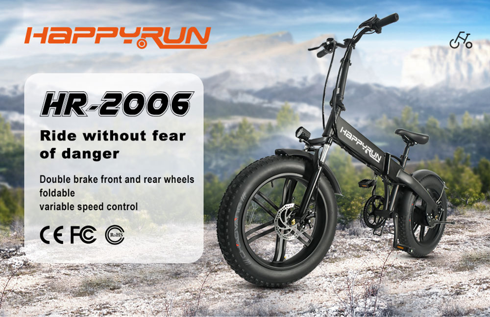 Happyrun HR-2006 Elektrický skladací bicykel 350W motor 36V 10Ah batéria 20''x4 snežné pneumatiky 50km dojazd 25km/h max. rýchlosť čierna