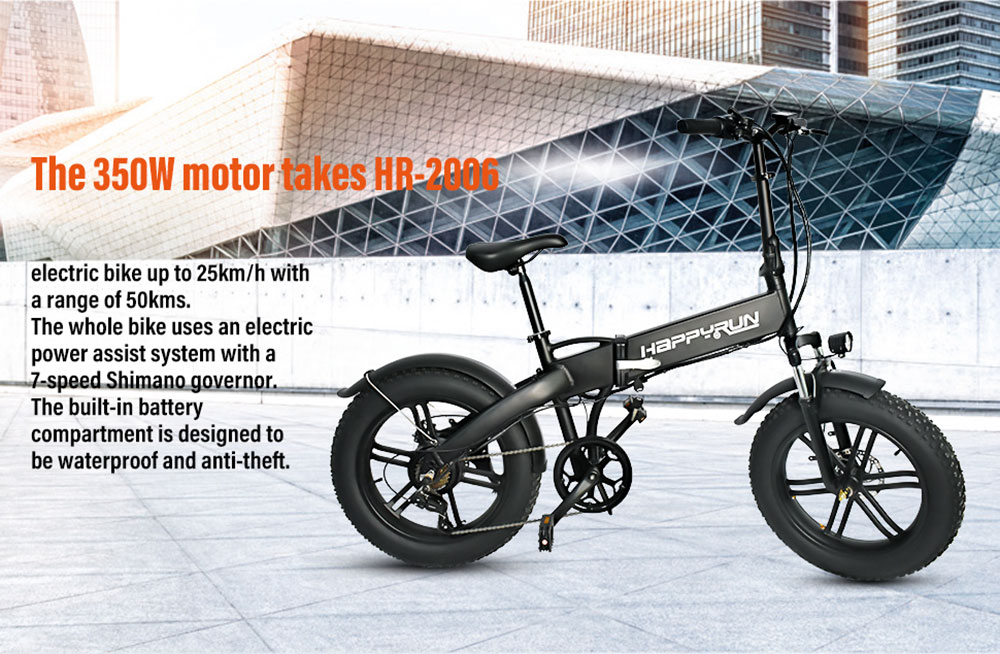 Happyrun HR-2006 Electric Folding Bike 350W Motor 36V 10Ah Battery 20''x4 Snow Tires 50km Range 25km/h Max Speed Black