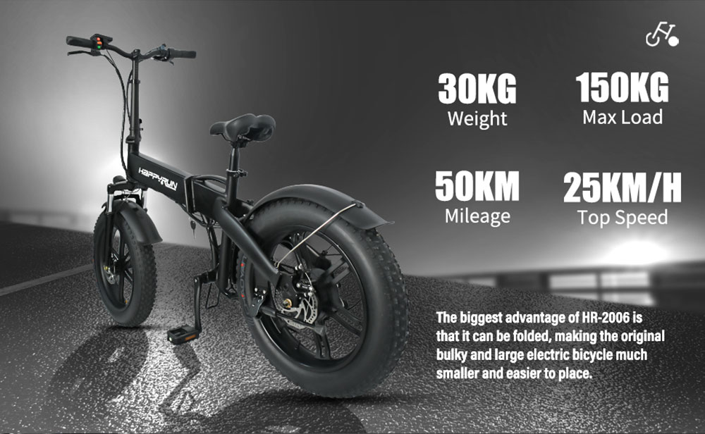 Happyrun HR-2006 Electric Folding Bike 350W Motor 36V 10Ah Battery 20''x4 Snow Tires 50km Range 25km/h Max Speed Black