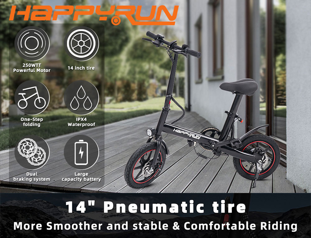 Happyrun HR-X40 Ľahký elektrický bicykel 350W motor 36V 6Ah batéria 14'' cestné pneumatiky 25km dojazd 25km/h max. rýchlosť čierna