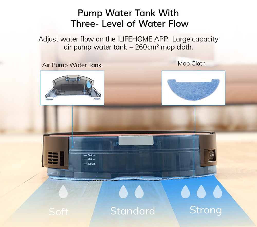 Aspiradora robótica ILIFE A80 Plus, fregona, presión de alfombra de 1000Pa, contenedor de polvo de 450ml, pared electrónica de Control de aplicación WiFi