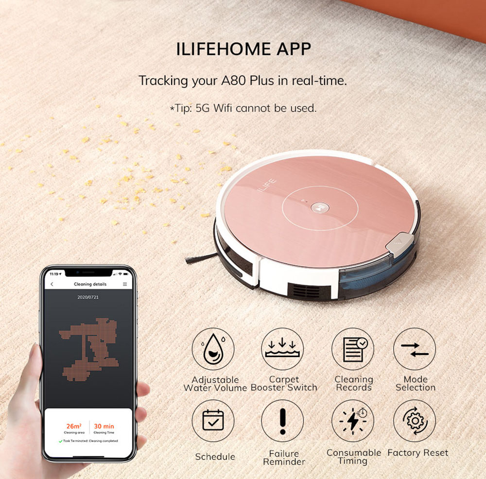 ILIFE A80 Plus 扫地机器人吸尘器，1000Pa 地毯加压，450ml 集尘桶，WiFi APP 控制电子墙