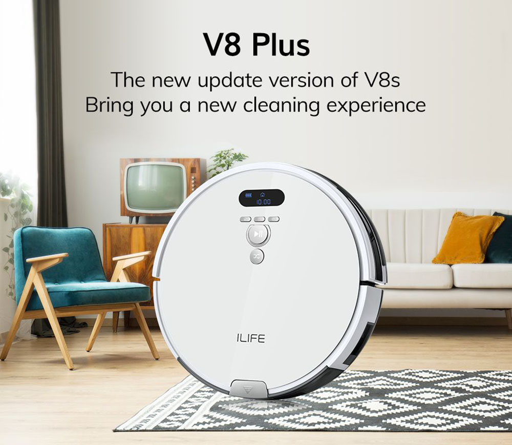 ILIFE V8 Plus Robot Vacuum Cleaner, 1000Pa Suction Wet Mopping, 750ml Large Dustbin, Auto Obstacle Avoidance - EU Plug