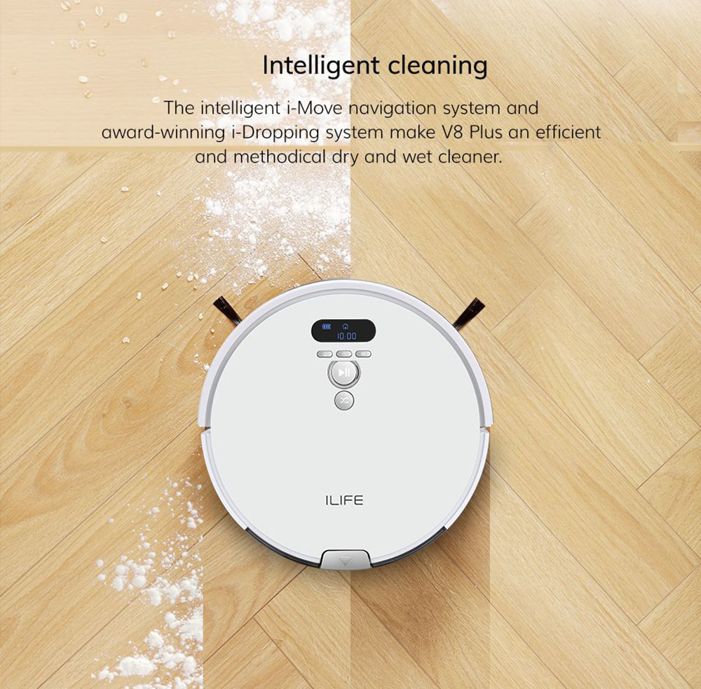 ILIFE V8 Plus Robot Vacuum Cleaner, 1000Pa Suction Wet Mopping, 750ml Large Dustbin, Auto Obstacle Avoidance - US Plug