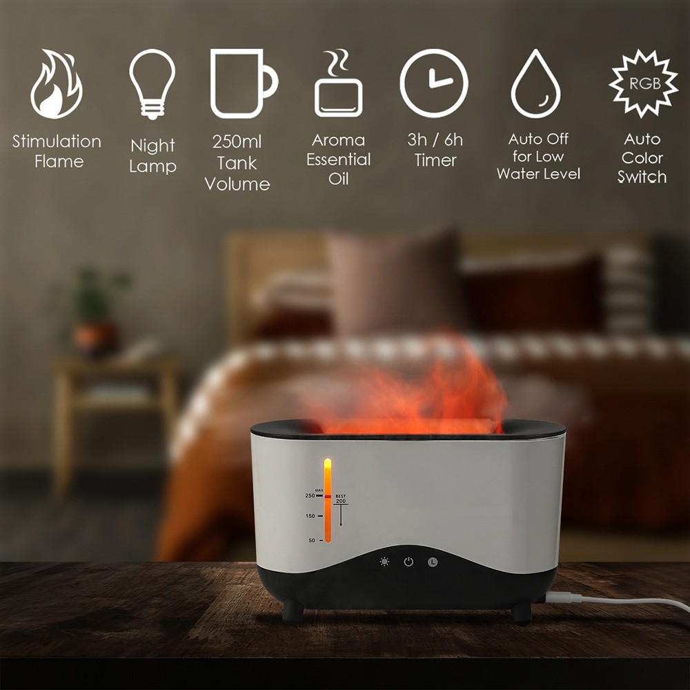 J2 Colorful Flame Diffuser with 3D Dynamic Mist, 250ml Ultrasonic for 12 Hours Working Time Auto-off Night Lamp Function