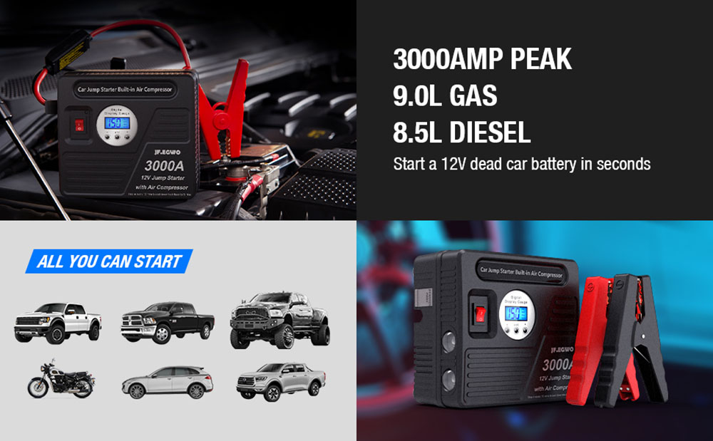 JF.EGWO 3000Amp Car Jump Starter With Air Compressor, 24000mAh 12V Auto Battery Booster, 150PSI Tire Inflator - JP Plug 15 JF.EGWO 3000Amp Car Jump Starter with Air Compressor, 24000mAh 12V Auto Battery Booster, 150PSI Tire Inflator - JP Plug