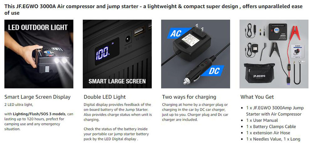 JF.EGWO 3000Amp Car Jump Starter With Air Compressor UK Plug