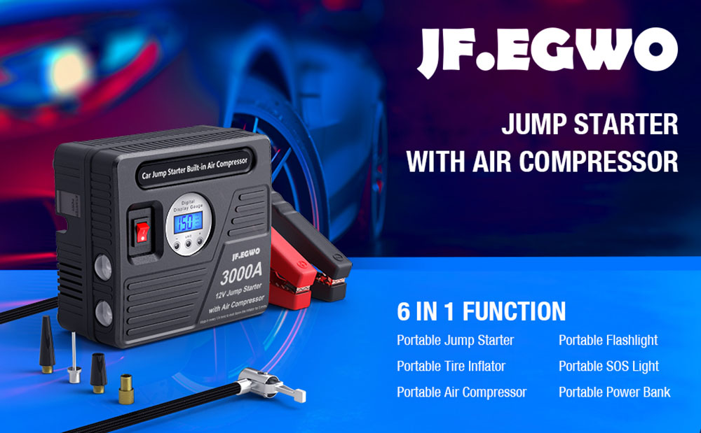 JF.EGWO 3000Amp Car Jump Starter with Air Compressor, 24000mAh 12V Auto Battery Booster, 150PSI Tire Inflator - US Plug