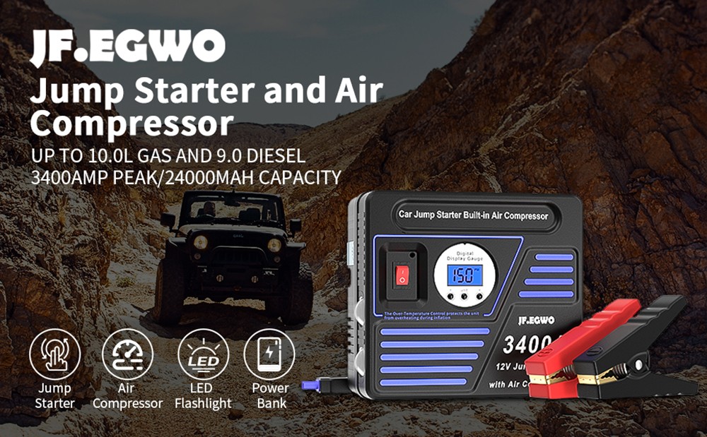 JF.EGWO 3400Amp Car Jump Starter with Air Compressor, 24000mAh 12V Auto Battery Booster, 150PSI Tire Inflator - UK Plug