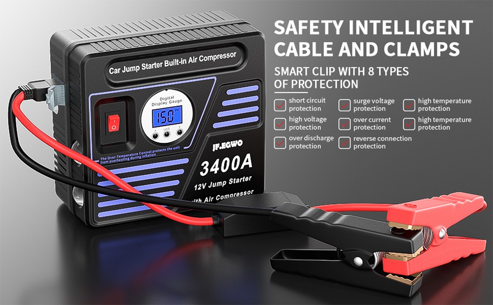 JF.EGWO 3400Amp Car Jump Starter with Air Compressor, 24000mAh 12V Auto Battery Booster, 150PSI Tire Inflator - UK Plug