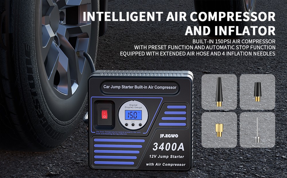 JF.EGWO 3400Amp Car Jump Starter with Air Compressor, 24000mAh 12V Auto Battery Booster, 150PSI Tire Inflator - UK Plug