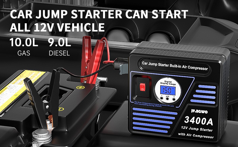JF.EGWO 3400Amp Car Jump Starter with Air Compressor, 24000mAh 12V Auto Battery Booster, 150PSI Tire Inflator - US Plug