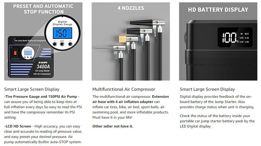 JF.EGWO 3400Amp Car Jump Starter with Air Compressor, 24000mAh 12V Auto Battery Booster, 150PSI Tire Inflator - US Plug