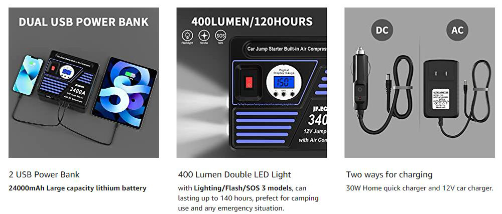 JF.EGWO 3400Amp Car Jump Starter with Air Compressor, 24000mAh 12V Auto Battery Booster, 150PSI Tire Inflator - US Plug