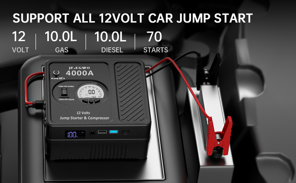 JF.EGWO 4000Amp Car Jump Starter with Air Compressor, 12V Safe Lithium Auto Battery Booster, 150 PSI Air Pump - JP Plug