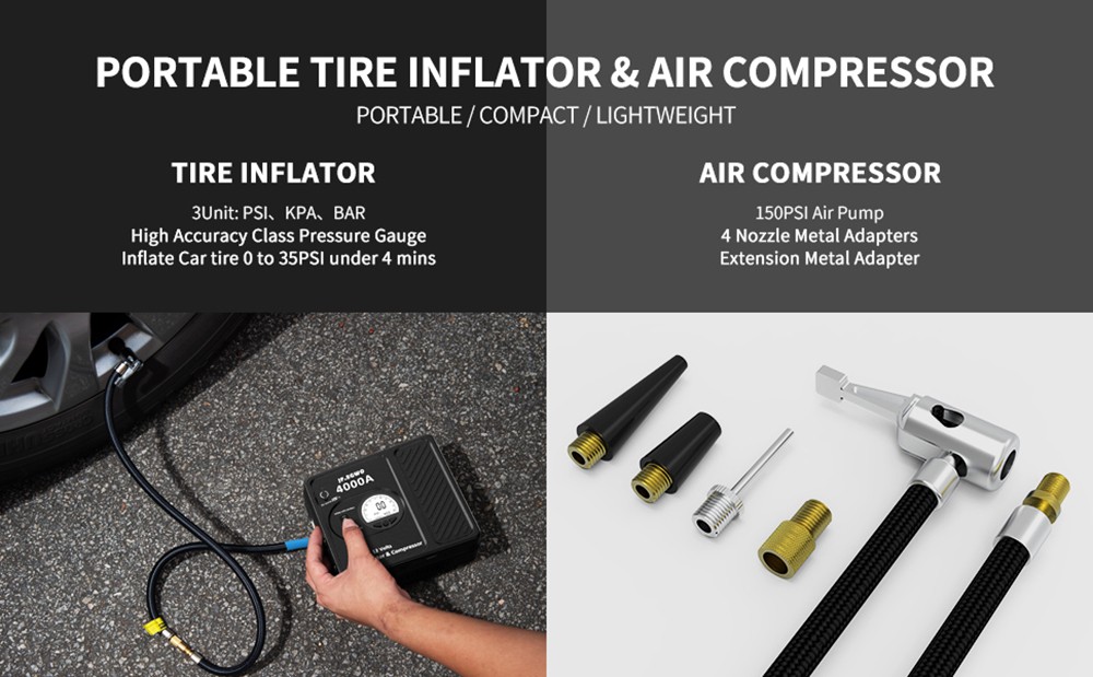 JF.EGWO 4000Amp Car Jump Starter with Air Compressor, 12V Safe Lithium Auto Battery Booster, 150 PSI Air Pump - JP Plug