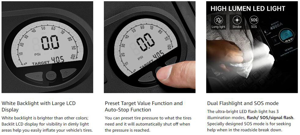 JF.EGWO 4000Amp Car Jump Starter with Air Compressor, 12V Safe Lithium Auto Battery Booster, 150 PSI Air Pump - JP Plug