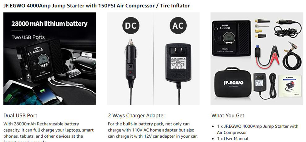 JF.EGWO 4000Amp Car Jump Starter with Air Compressor, 12V Safe Lithium Auto Battery Booster, 150 PSI Air Pump - JP Plug