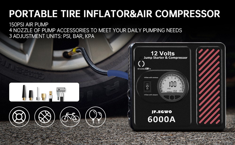 JF.EGWO 6000Amp Car Jump Starter with Air Compressor, 12V Safe Lithium Auto Battery Booster, 150 PSI Air Pump - UK Plug