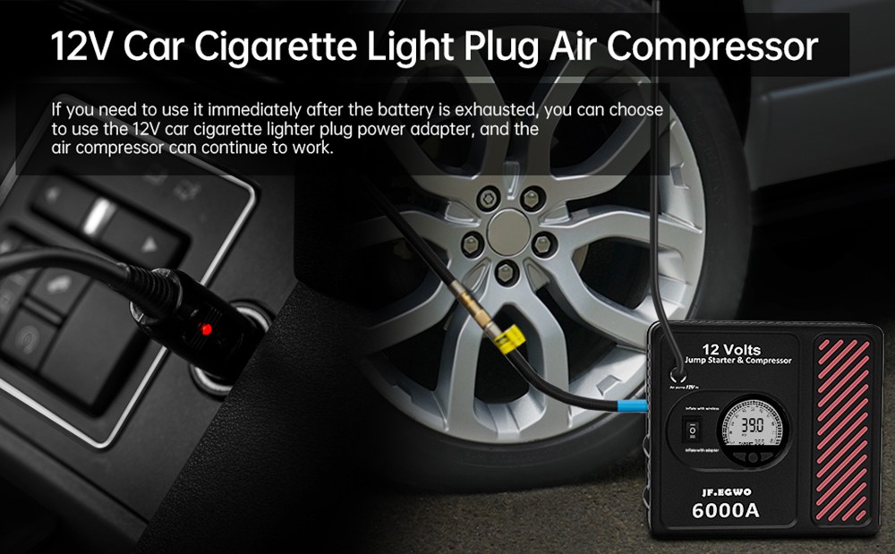 JF.EGWO 6000Amp Car Jump Starter with Air Compressor, 12V Safe Lithium Auto Battery Booster, 150 PSI Air Pump - UK Plug