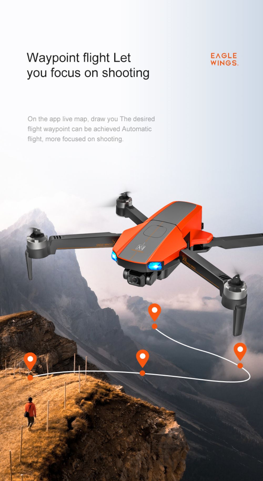 JJRC X22 GPS 5G WiFi FPV RC Drone 1080P HD Camera Obstacle Avoidance 3-Axis Gimbal Black & Orange 3 Batteries